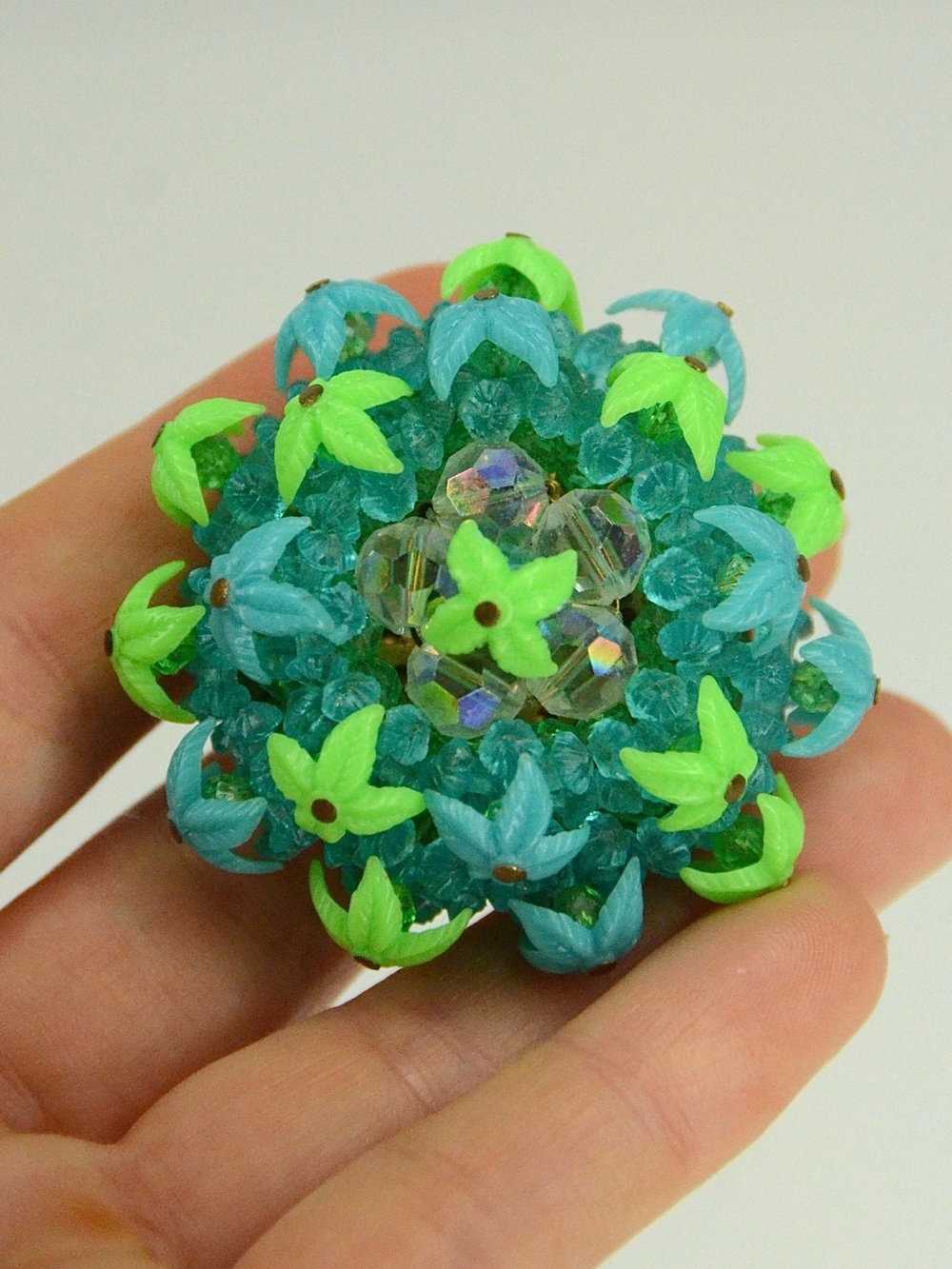 Vintage West Germany Green & Blue Plastic Beaded Flower Brooch